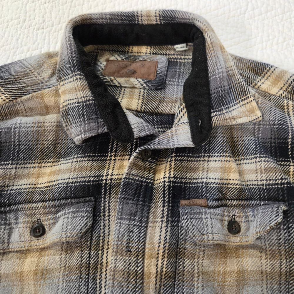 Orvis Mens XL Plaid Flannel Button Up Shirt Gray Black Tan Fleece Lined Collar
